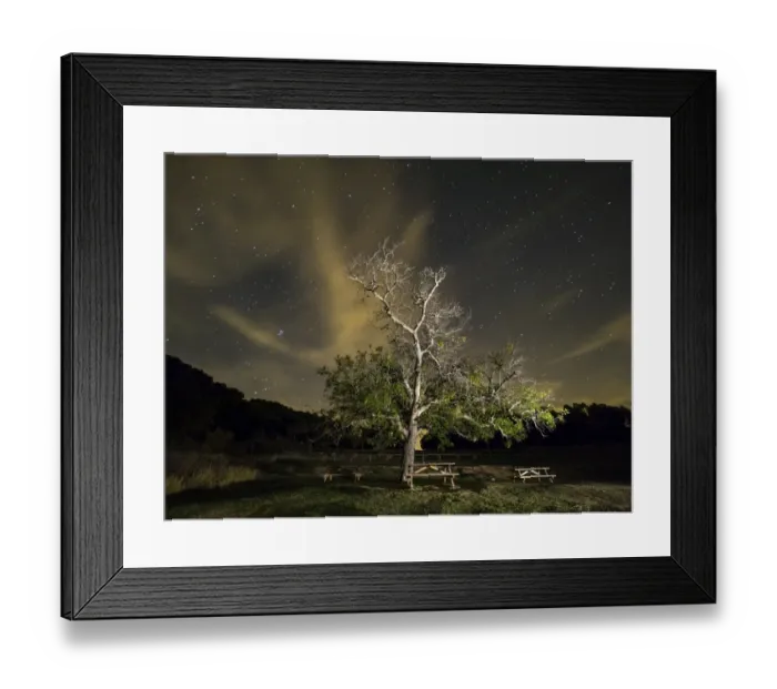 Framed Print : Zone of picnic in the field with tables and banks of wood and a great walnut in autumn during the night Framed Print : Zone of picnic in the field with tables and banks of wood and a great walnut in autumn during the night