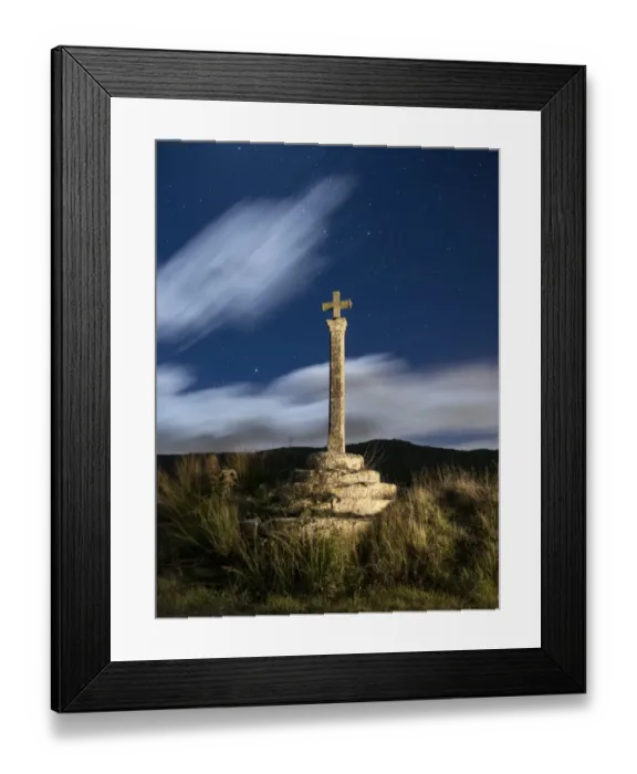 Framed Print : Ancient monument of medieval epoch in the shape of cross, illuminated by the moonlight Framed Print : Ancient monument of medieval epoch in the shape of cross, illuminated by the moonlight