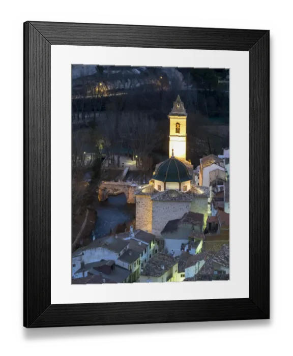 Framed Print : Church illuminated in the night of the people of Alcala of the Jucar