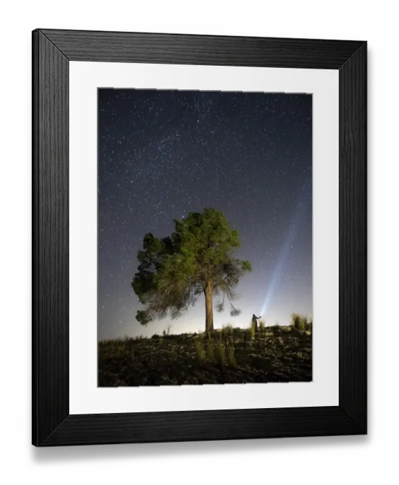 Framed Print : Top of a mount with a tree and a man with lantern Framed Print : Top of a mount with a tree and a man with lantern