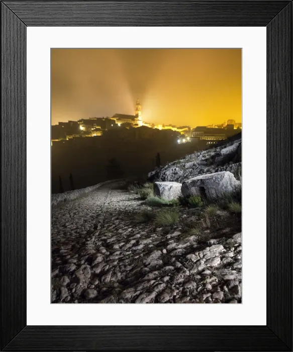 Framed Print : Way of mountain and people with fog illuminated Framed Print : Way of mountain and people with fog illuminated