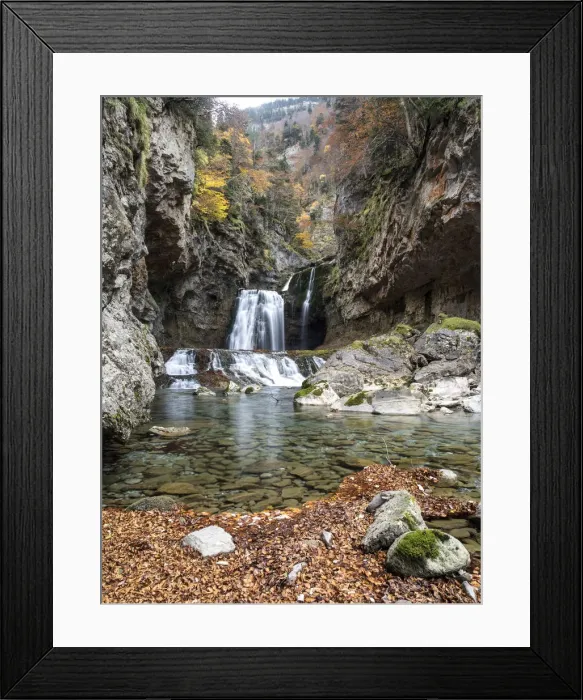 Framed Print : Waterfall in a forest in the Pyrenees in autumn
