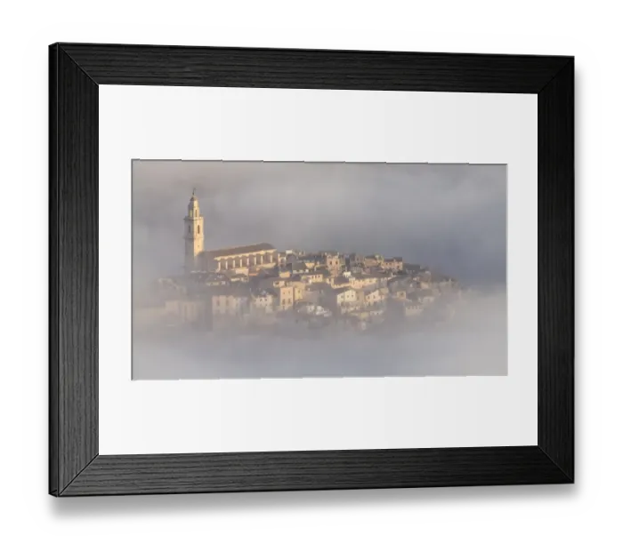 Framed Print : Medieval people surrounded with fog to the dawn
