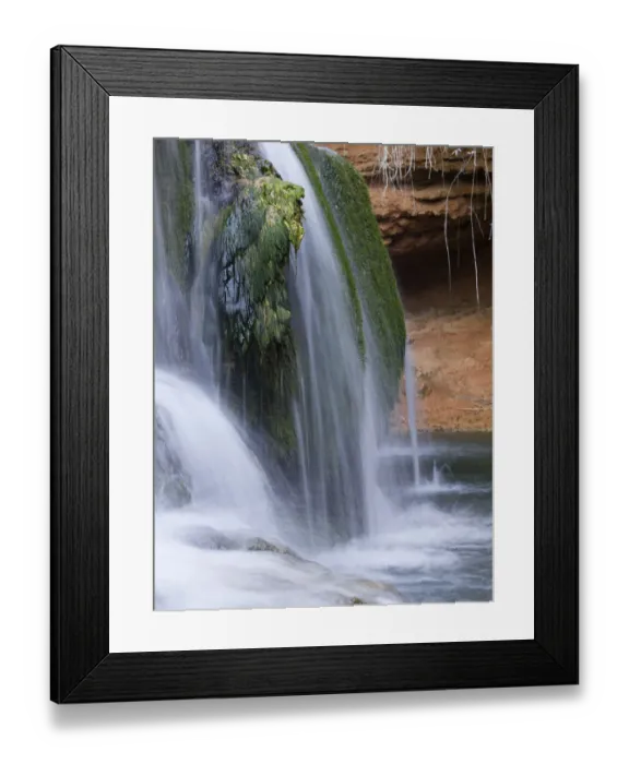 Framed Print : Jets of white silky water from a waterfall moss Framed Print : Jets of white silky water from a waterfall moss