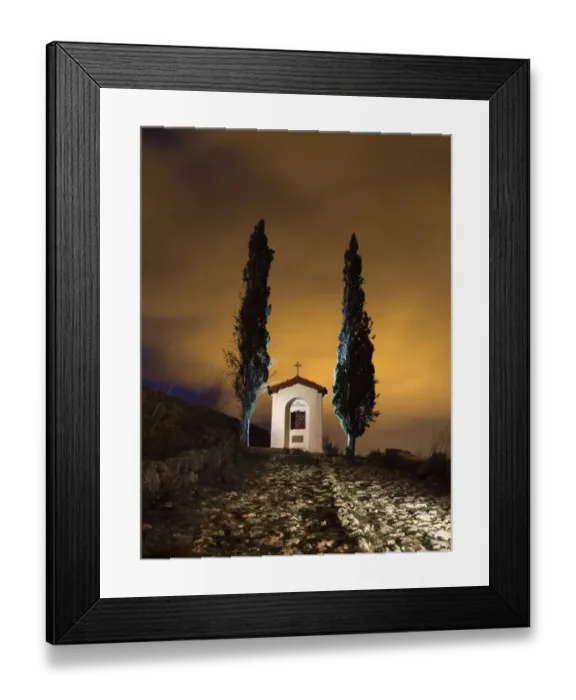 Framed Print : Hut an ordeal with two cypresses a foggy night Framed Print : Hut an ordeal with two cypresses a foggy night