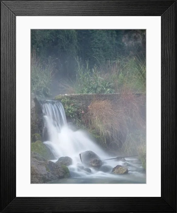 Framed Print : Broken dam in a river with a waterfall and steam Framed Print : Broken dam in a river with a waterfall and steam