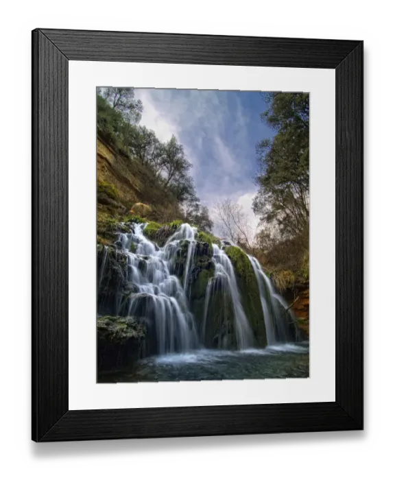 Framed Print : Waterfall called Blue Lake among ravines oaks