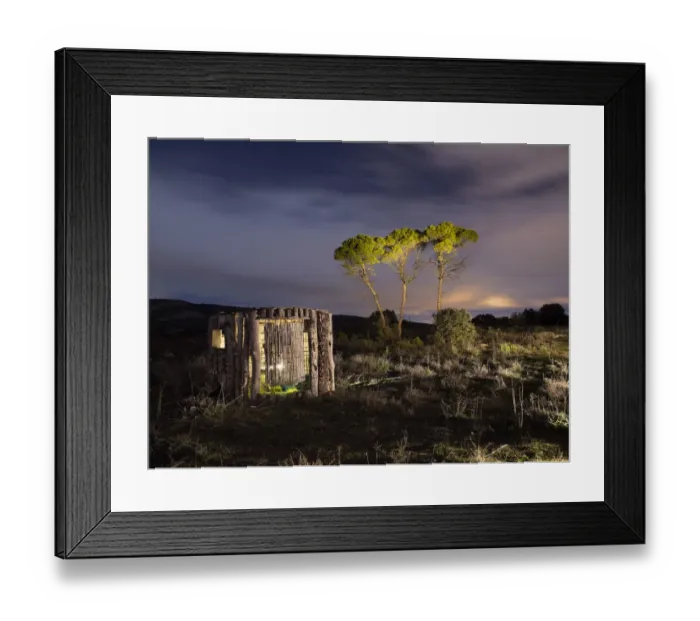 Framed Print : Cabin or hunters refuge of wood in the night Framed Print : Cabin or hunters refuge of wood in the night