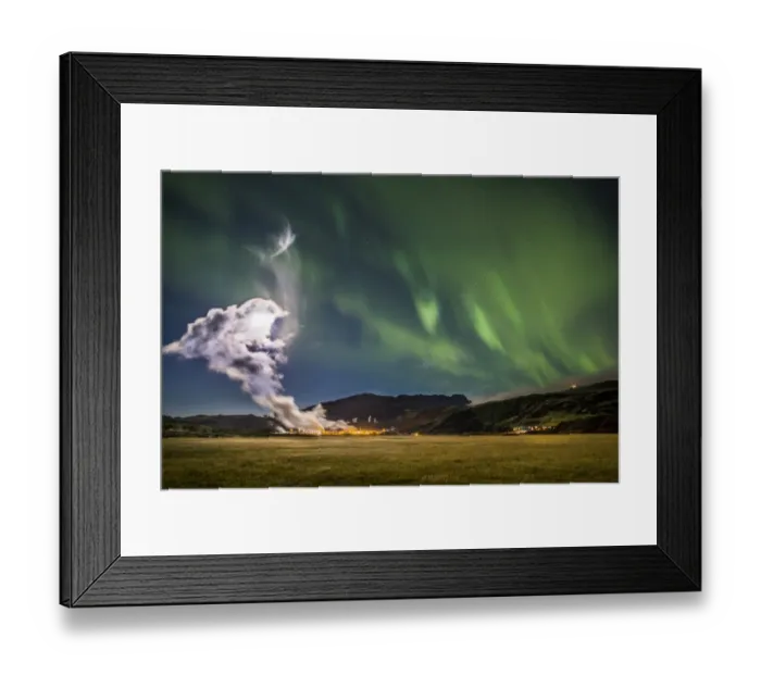 Framed Print : Geothermal steam and Aurora Borealis Framed Print : Geothermal steam and Aurora Borealis