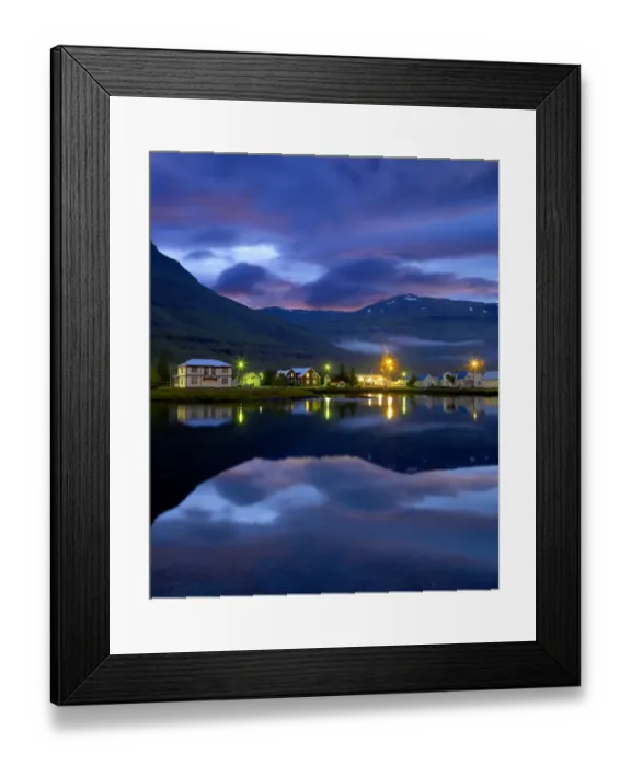 Framed Print : Iceland, Seydisfjordur harbor and houses, dusk Framed Print : Iceland, Seydisfjordur harbor and houses, dusk
