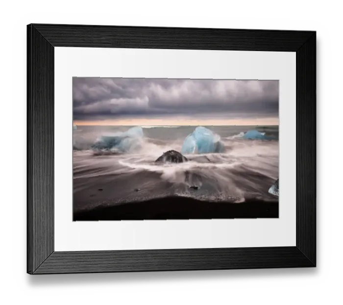 Framed Print : Ice on the black volcanic sand beach in summer in Iceland Framed Print : Ice on the black volcanic sand beach in summer in Iceland