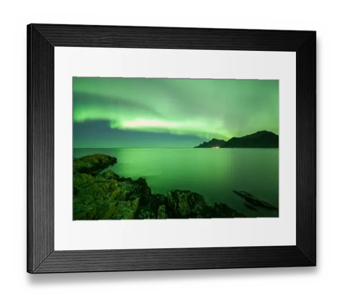 Framed Print : borealisgreen Norway extremely strong green northern lights Lofoten