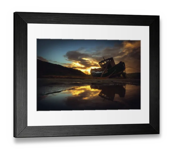 Framed Print : Shipwreck on beach at sunset Framed Print : Shipwreck on beach at sunset
