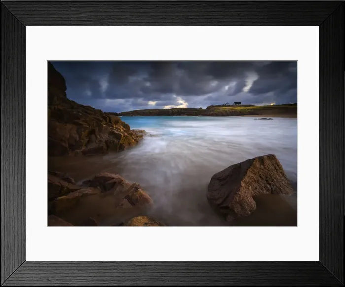 Framed Print : Calm waves on rocks at sunset Framed Print : Calm waves on rocks at sunset
