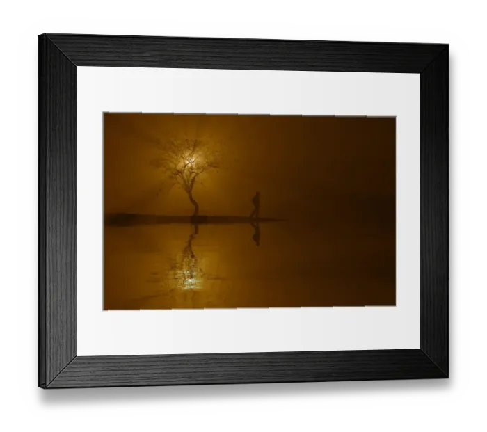 Framed Print : Silhouette of woman and tree near river at sunset