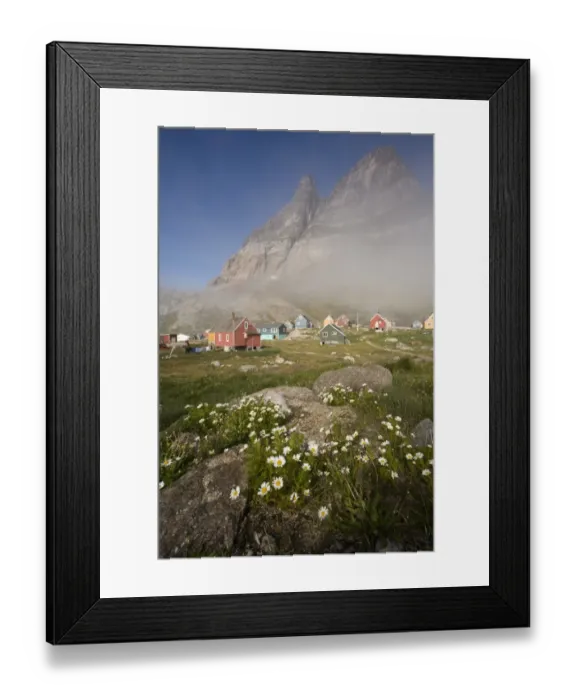 Framed Print : Greenland, Aappilattoq, morning fog covering small cottages in native fishing and hunting village Framed Print : Greenland, Aappilattoq, morning fog covering small cottages in native fishing and hunting village