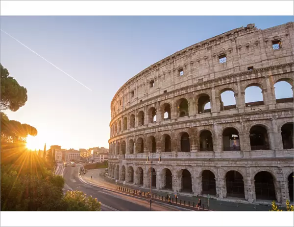 High angle view over the Colosseum at sunrise. Rome, Lazio, Italy