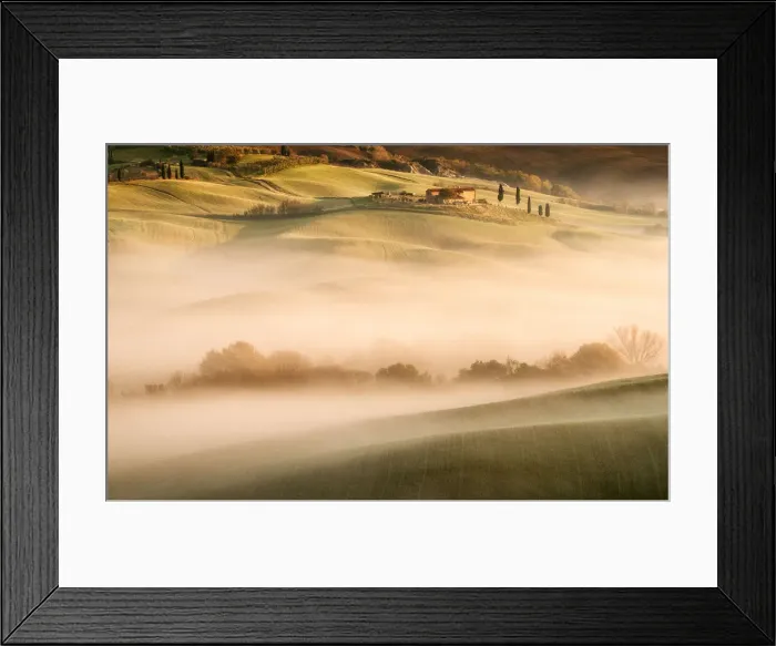 Framed Print : Sunrise light on Val D Orcia hills with fog Framed Print : Sunrise light on Val D Orcia hills with fog