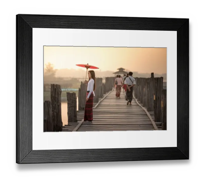 Framed Print : Beautiful woman holding traditional red umbrella and walking on U Bein Bridge, Myanmar Framed Print : Beautiful woman holding traditional red umbrella and walking on U Bein Bridge, Myanmar