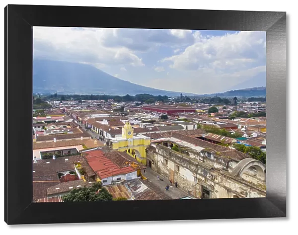 Arco de Santa Catalina (Santa Catalina Arch) and Antigua City in Guatemala, High angle view