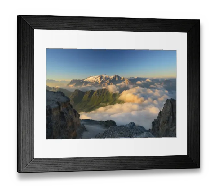 Framed Print : Morning mist in the valley below Marmolada peak, Dolomites