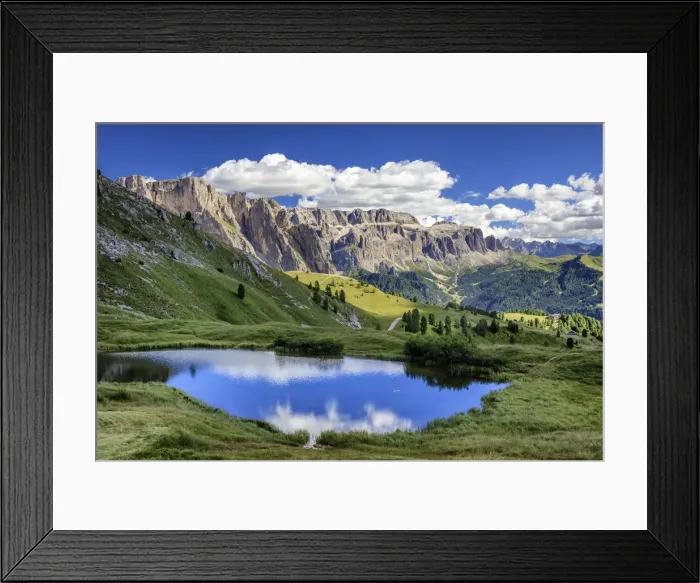 Framed Print : Gardena valley reflecting in a pond on Seceda mountain Framed Print : Gardena valley reflecting in a pond on Seceda mountain