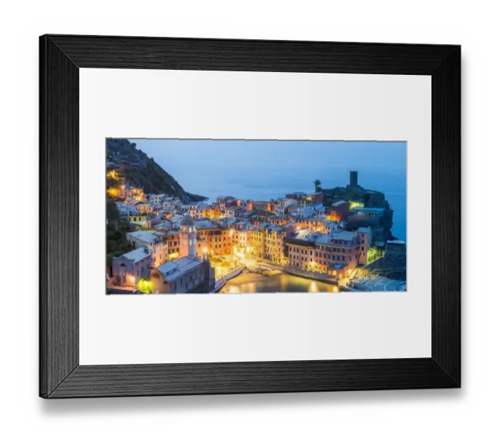 Framed Print : Vernazza, Cinque Terre, La Spezia, Liguria, Italy. Panoramic view of the village at dusk Framed Print : Vernazza, Cinque Terre, La Spezia, Liguria, Italy. Panoramic view of the village at dusk