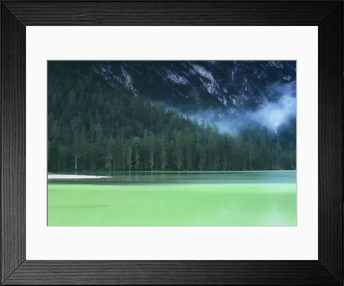 Framed Print : Flatwater of Lago di Landro with a misty forest, Dolomites Framed Print : Flatwater of Lago di Landro with a misty forest, Dolomites