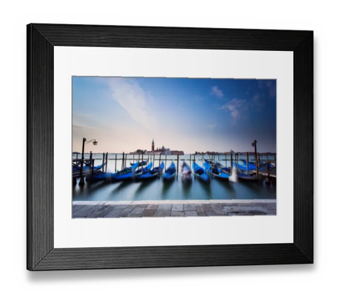 Framed Print : Gondolas moored by Saint Mark square with San Giorgio di Maggiore church in the background - Venice, Venezia, Italy, Europe