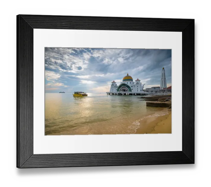 Framed Print : Malacca Straits Mosque Masjid Selat Melaka near Malacca Town, Malaysia with water cruiser full of tourist enjoying scenery Framed Print : Malacca Straits Mosque Masjid Selat Melaka near Malacca Town, Malaysia with water cruiser full of tourist enjoying scenery