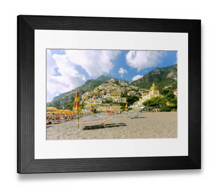 Framed Print : Positano beach scene and houses, Amalfi Coast Framed Print : Positano beach scene and houses, Amalfi Coast