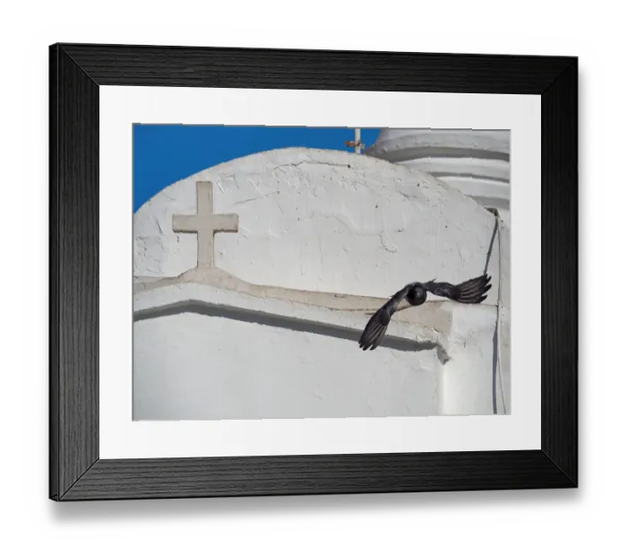 Framed Print : Pigeon Flying Over White Church Wall On Lycabettus Hill, Athens Framed Print : Pigeon Flying Over White Church Wall On Lycabettus Hill, Athens