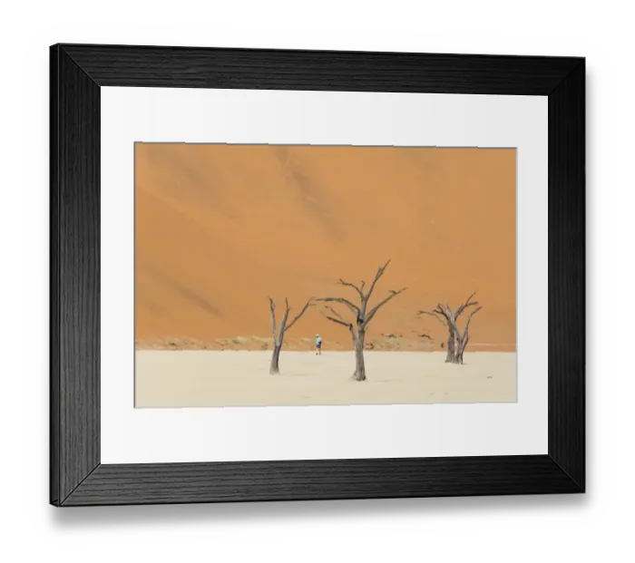 Framed Print : One man walking in the Deadvlei salt pan with a giant dune in the backdrop. Sossuvlei, Namibia Framed Print : One man walking in the Deadvlei salt pan with a giant dune in the backdrop. Sossuvlei, Namibia