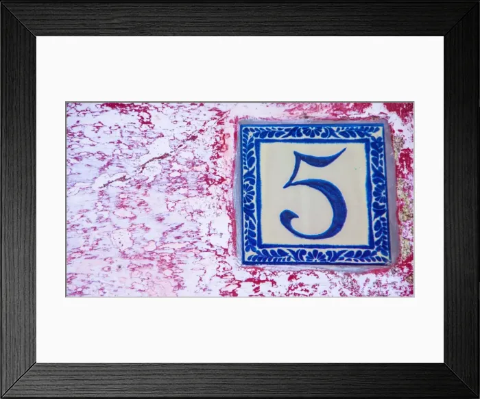 Framed Print : Number 5 tile on concrete wall Framed Print : Number 5 tile on concrete wall