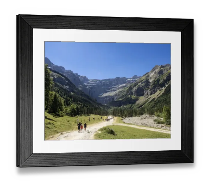 Framed Print : Persons walking along the cirque of Gavarnie. Pyrenees. France. World Heritage by UNESCO, the great waterfall Framed Print : Persons walking along the cirque of Gavarnie. Pyrenees. France. World Heritage by UNESCO, the great waterfall