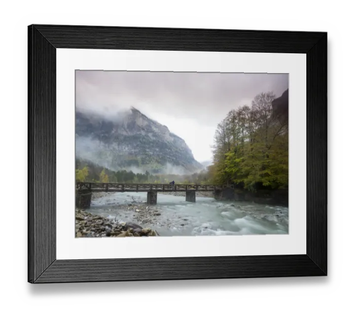 Framed Print : River of mountain with a bridge of wood a rainy day in autumn Framed Print : River of mountain with a bridge of wood a rainy day in autumn