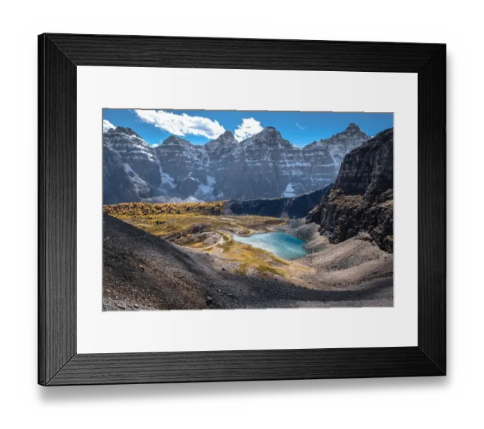 Framed Print : Autumn Landscape in Rocky Mountains, Larch Valley From Sentinel Pass, Banff National Park, Canada Framed Print : Autumn Landscape in Rocky Mountains, Larch Valley From Sentinel Pass, Banff National Park, Canada