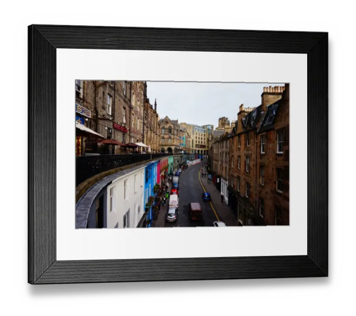 Framed Print : View on Colourful Victoria Street, Cars, Edinburgh, United Kingdom Framed Print : View on Colourful Victoria Street, Cars, Edinburgh, United Kingdom