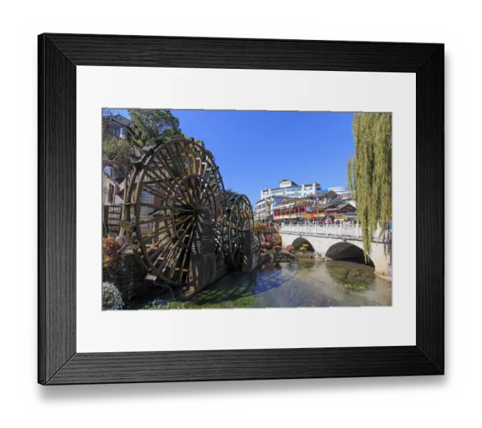 Framed Print : Bridge and Water wheels at the entrance on Lijiang Old Town in Yunnan Framed Print : Bridge and Water wheels at the entrance on Lijiang Old Town in Yunnan