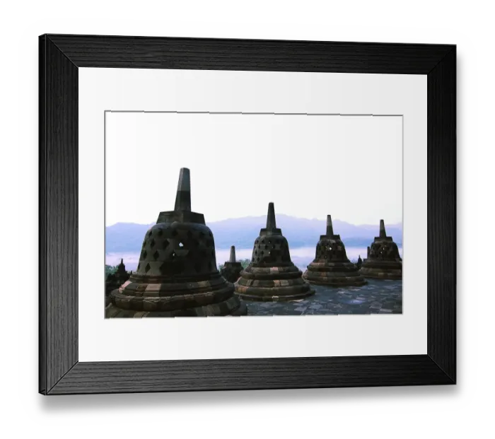 Framed Print : Stupas with background of mountains at Borobudur