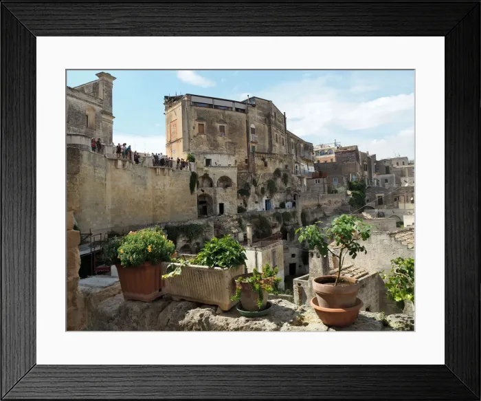 Framed Print : View Of Matera From Terrace With Vases Of Flowers, Basilicata, Southern Italy Framed Print : View Of Matera From Terrace With Vases Of Flowers, Basilicata, Southern Italy