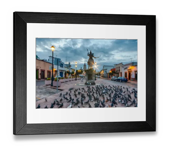 Framed Print : Ecuestre del ApAostol Santiago el Mayor statue, with many pigeons around it, in Queretaro, Mexico at dawn Framed Print : Ecuestre del ApAostol Santiago el Mayor statue, with many pigeons around it, in Queretaro, Mexico at dawn