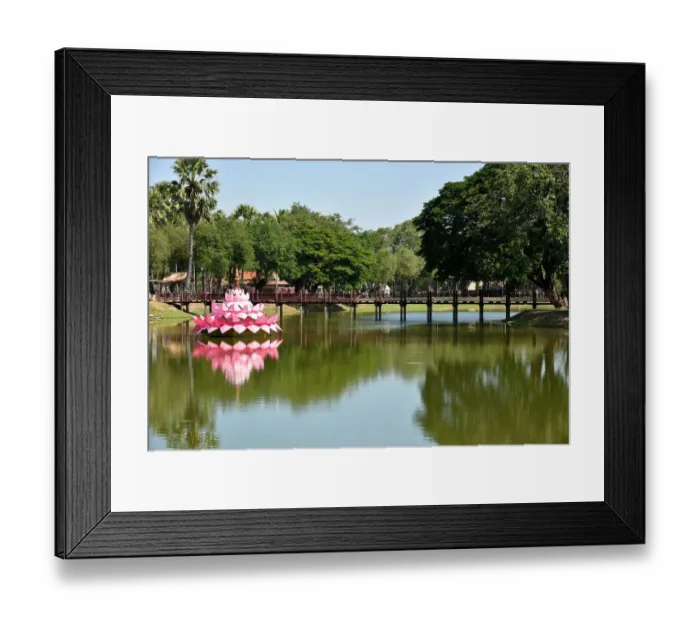 Framed Print : Sukhothai archeologic site with lpink flower on lake Thailand, Asia Framed Print : Sukhothai archeologic site with lpink flower on lake Thailand, Asia
