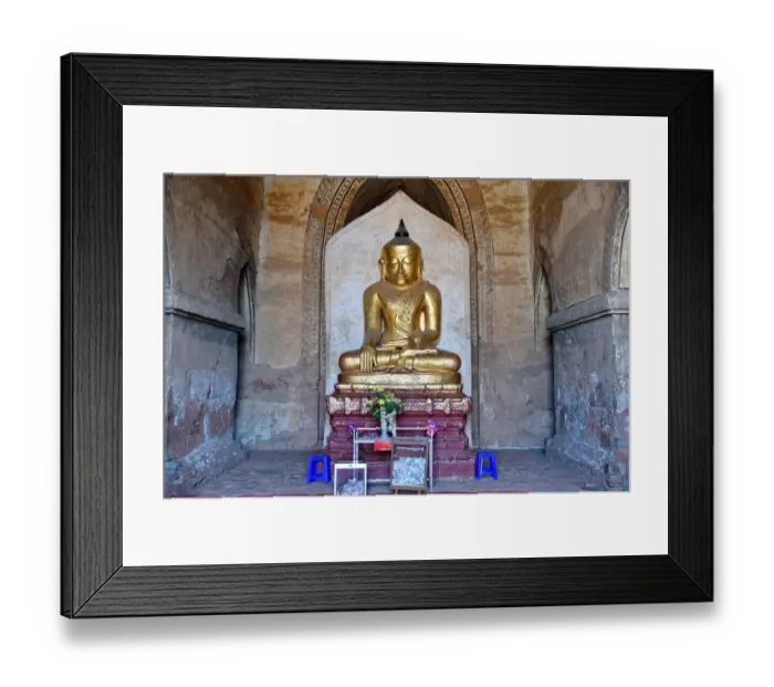 Framed Print : Gold buddha inside Dhamma Yan Gyi entrance Temple, Bagan, unesco ruins Myanmar. Asia Framed Print : Gold buddha inside Dhamma Yan Gyi entrance Temple, Bagan, unesco ruins Myanmar. Asia