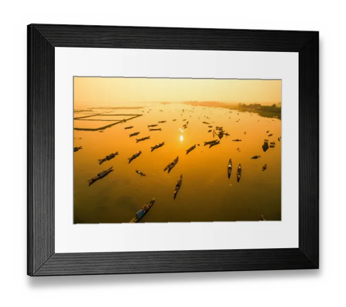 Framed Print : Boats in Tam Giang lagoon in sunrise from drone. Hue, Vietnam Framed Print : Boats in Tam Giang lagoon in sunrise from drone. Hue, Vietnam