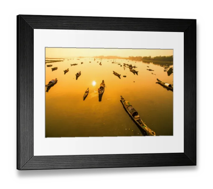 Framed Print : Boats in Tam Giang lagoon in sunrise from drone. Hue, Vietnam Framed Print : Boats in Tam Giang lagoon in sunrise from drone. Hue, Vietnam