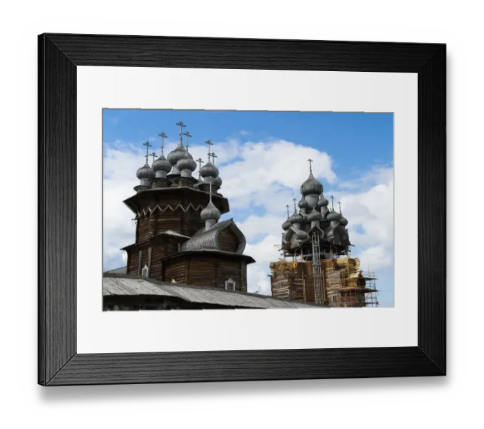 Framed Print : Wooden churches under repair of Kizhi Pogost Framed Print : Wooden churches under repair of Kizhi Pogost