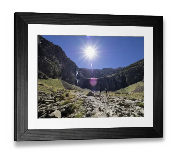 Framed Print : Trekkers walking along the cirque of Gavarnie. Hautes Pyrenees. France. World Heritage by UNESCO, the great waterfall Framed Print : Trekkers walking along the cirque of Gavarnie. Hautes Pyrenees. France. World Heritage by UNESCO, the great waterfall