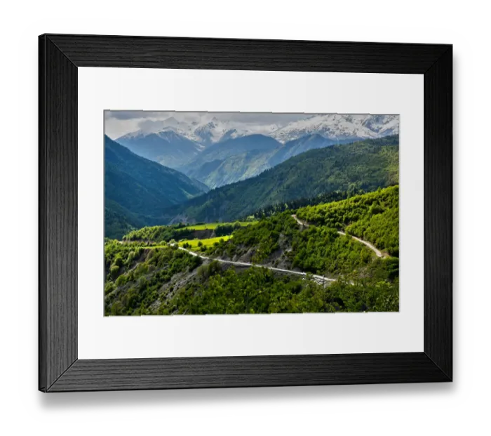 Framed Print : Mountain road at Mount Ushba in the Caucasus of Georgia Framed Print : Mountain road at Mount Ushba in the Caucasus of Georgia