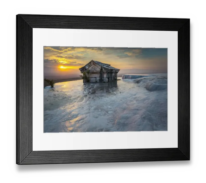 Framed Print : Tomb submerged in a travertine pool in Hierapolis at sunset